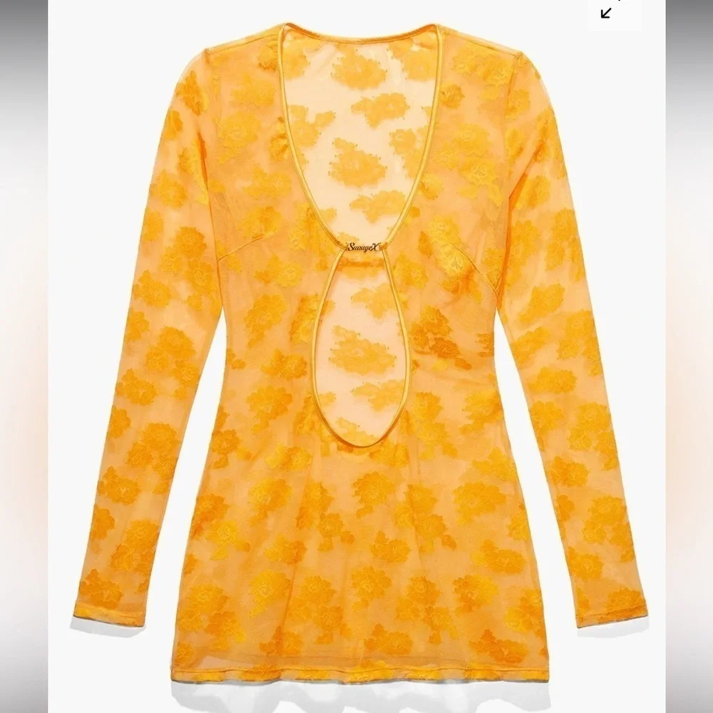 Savage x Fenty Strap Up Long-Sleeve Lace Slip Yellow Amber XS